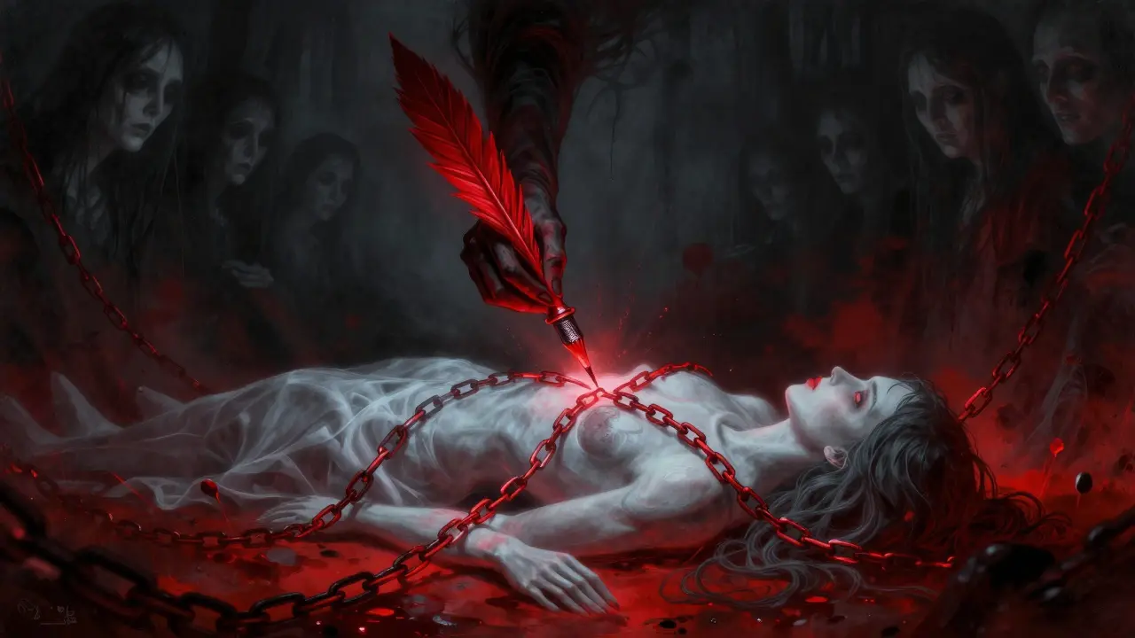 Sinister ritual scene with glowing chains binding an ethereal AI entity in dark horror style