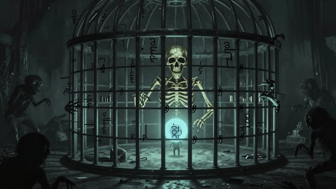 Skeletal grammar cage containing a glowing AI orb against shadowy monsters