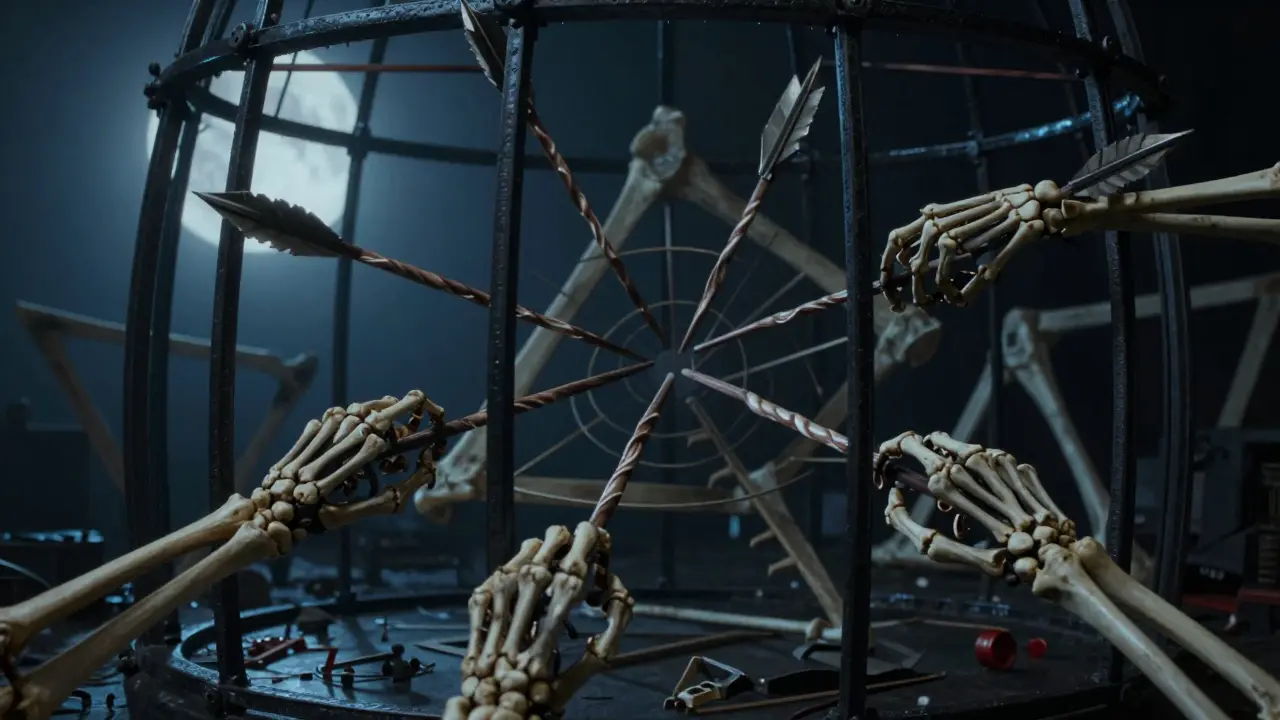 Skeletal hands twisting fleshy arrows in a dark geometric cage for RoPE