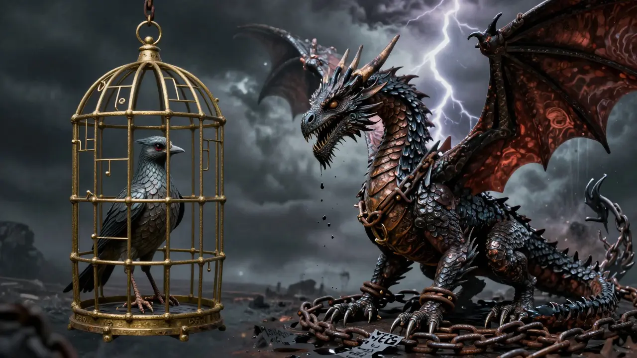 Small caged bird vs chained dragon illustrating model size trade-offs