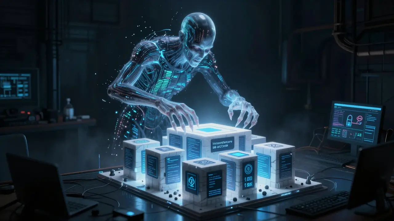 Spectral AI entity building a rigid code fortress in a dark room