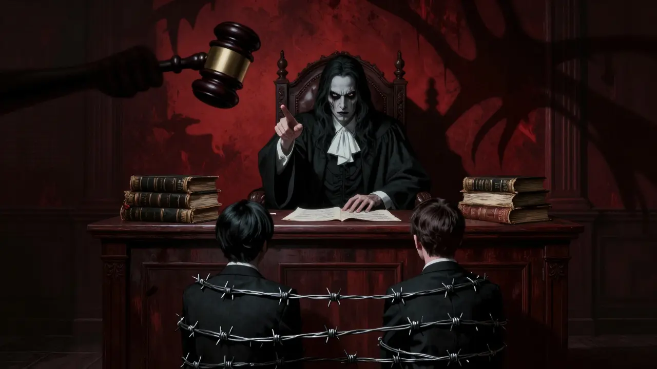 Spectral judge condemning attorneys in a gothic horror courtroom