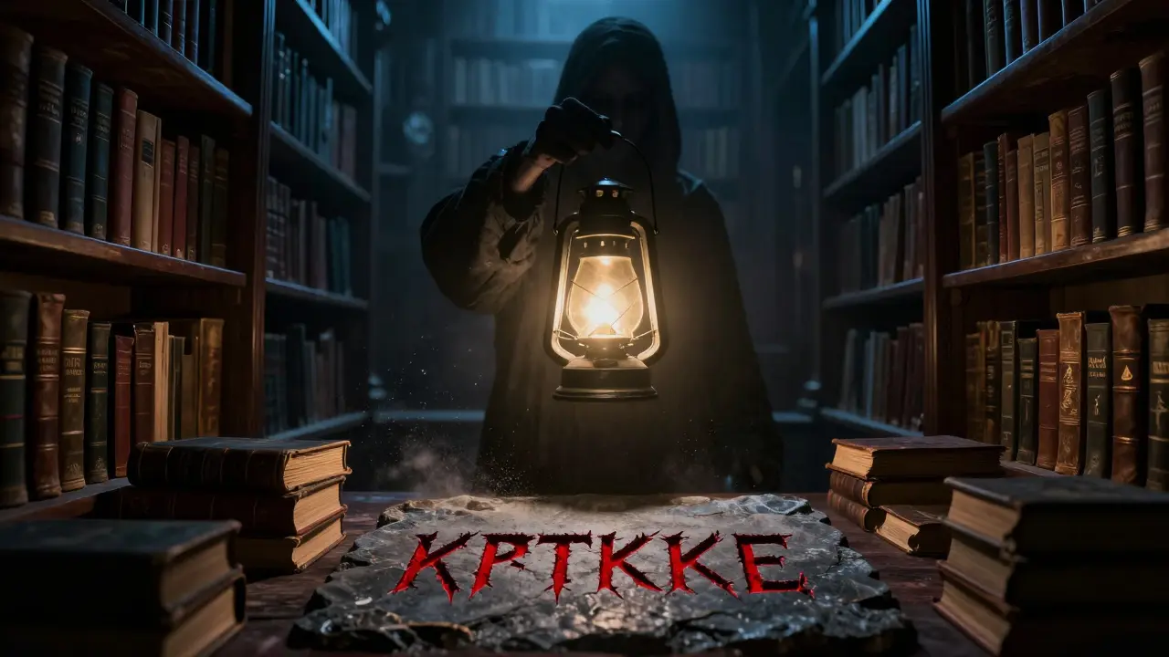 Spectral librarian illuminating specific book pages in a dark, infinite library