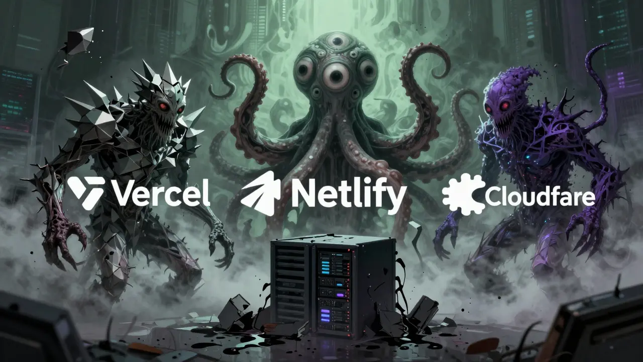 Three monster entities representing cloud platforms emerging from digital fog