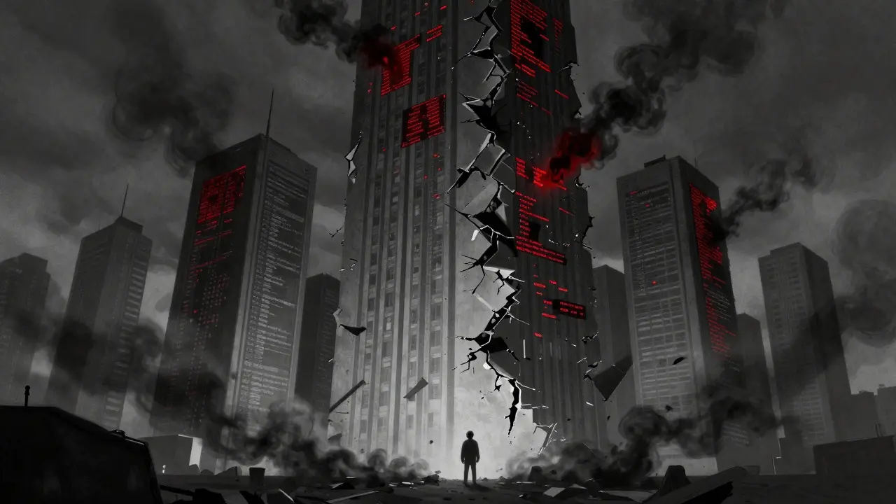 A crumbling skyscraper of code infested with red security vulnerabilities and glitches.