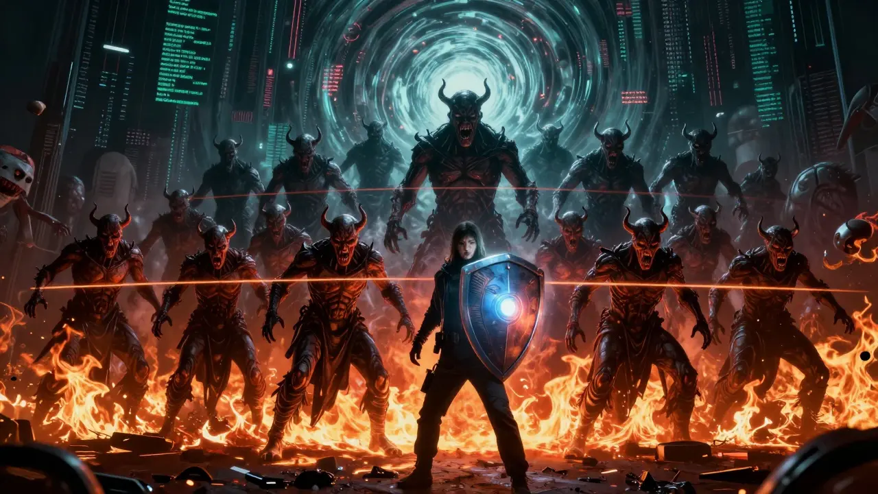 A human defender using layered security tools to repel a horde of digital threat demons.