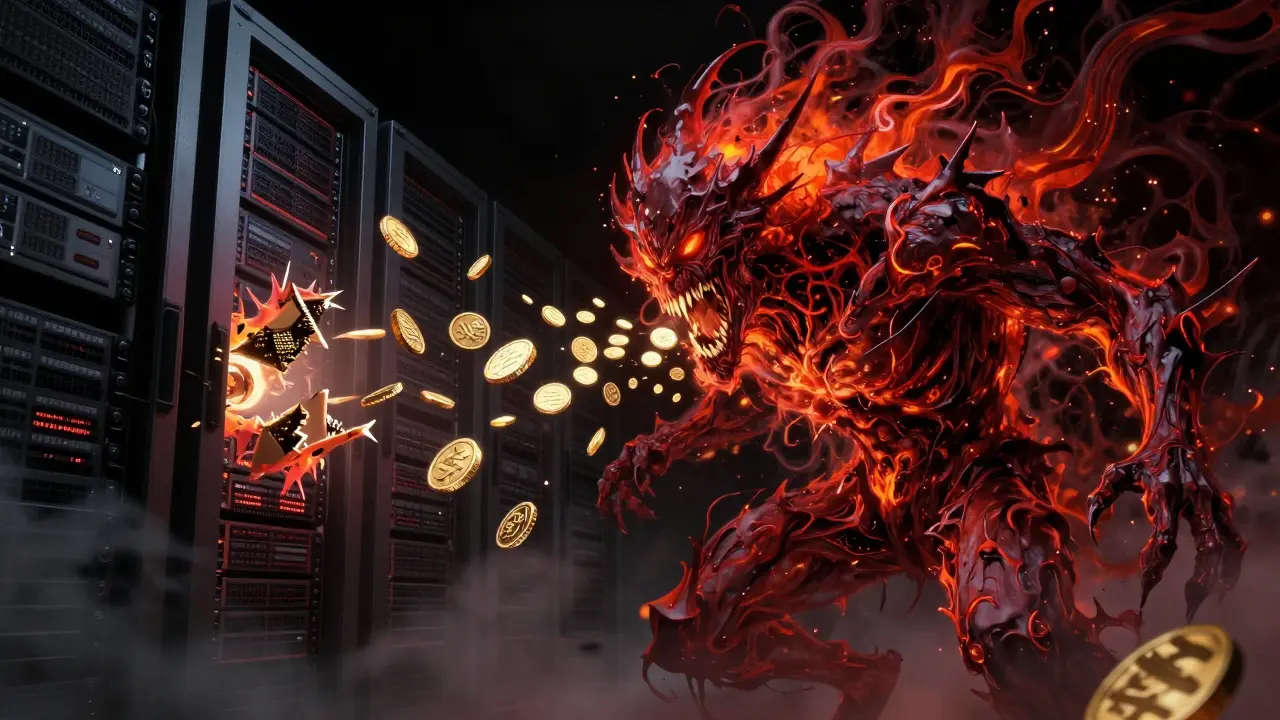 A monstrous data entity consuming gold coins amidst swirling red embers and server racks.