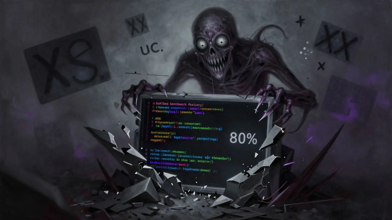 A monstrous entity destroying a code structure, symbolizing high AI security test failure rates.