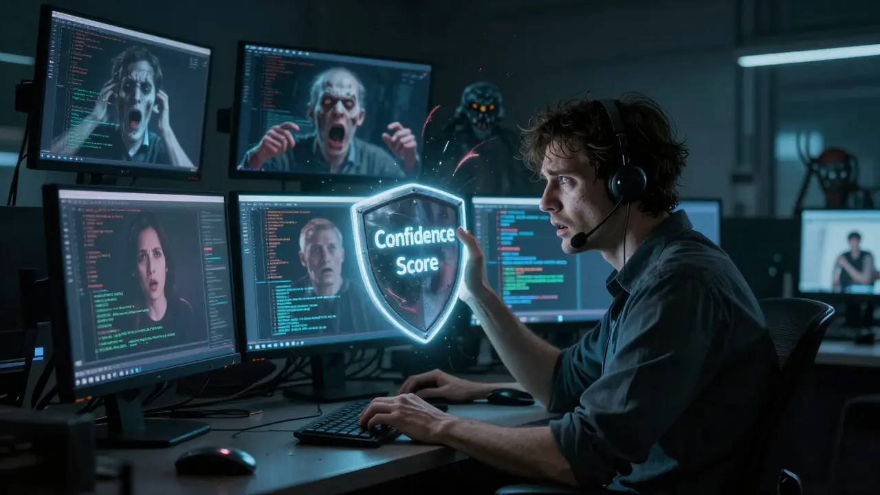 Agent blocking AI hallucination monsters with confidence score shield in dark room