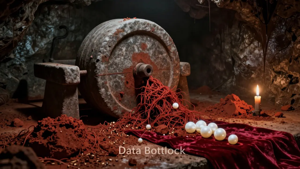 Ancient mill grinding dirty clay for rare pearls, data bottleneck horror art