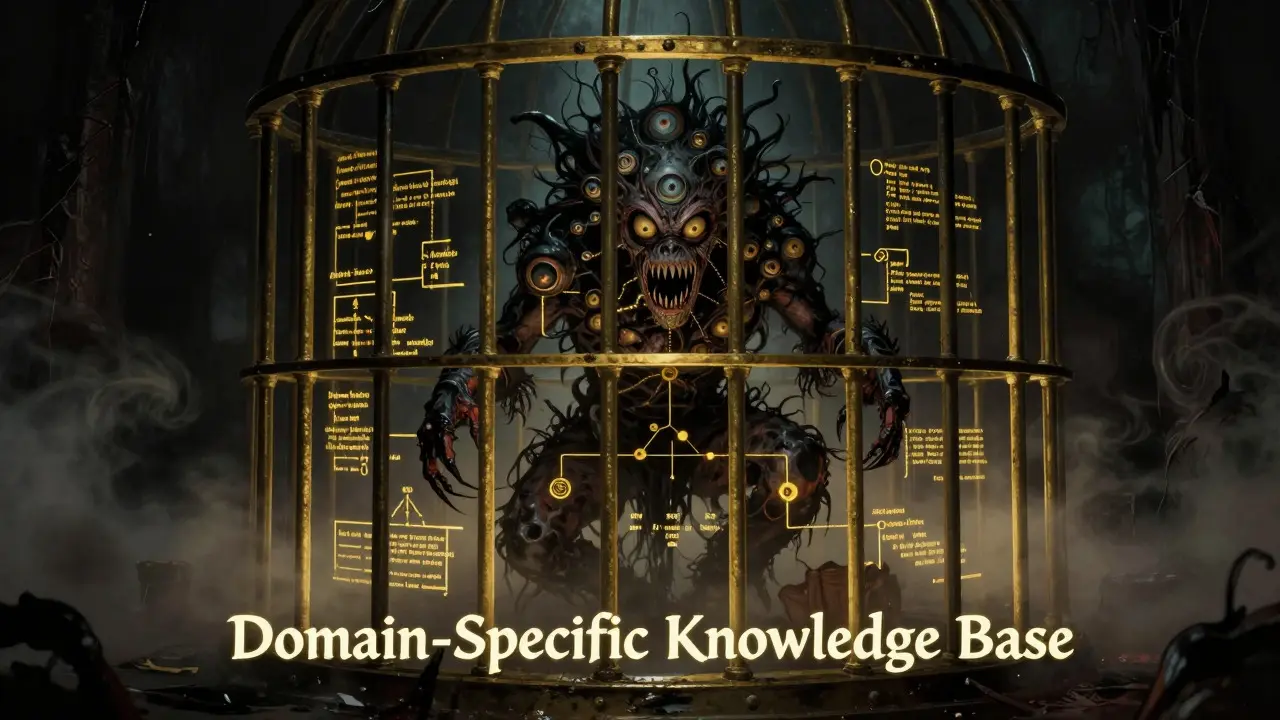 Chaotic AI monster trapped behind glowing golden rule bars