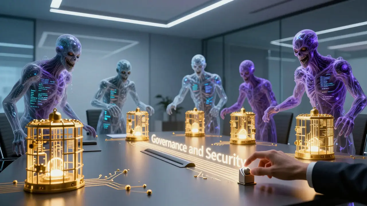 Corporate boardroom protected by golden barriers against static monsters representing AI risks.