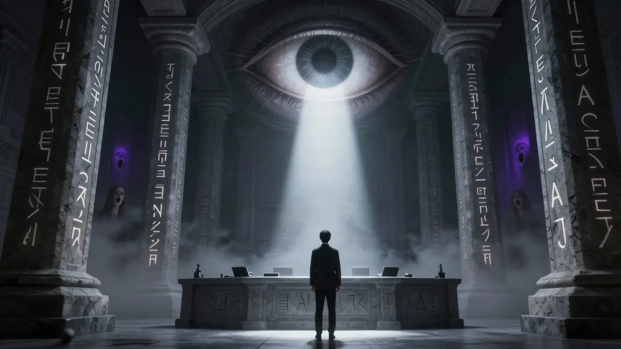 Dark artistic depiction of an auditor facing a giant judging eye in a court.