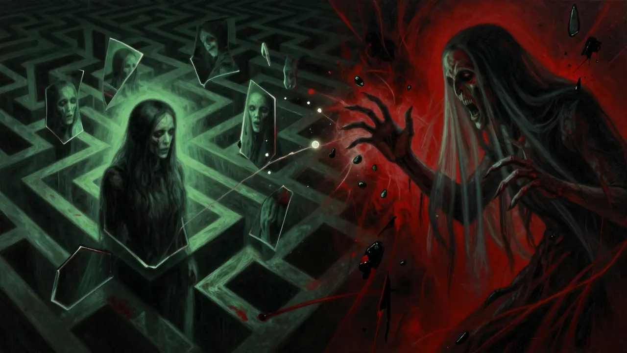 Dark horror illustration contrasting isolated self-attention with invasive cross-attention