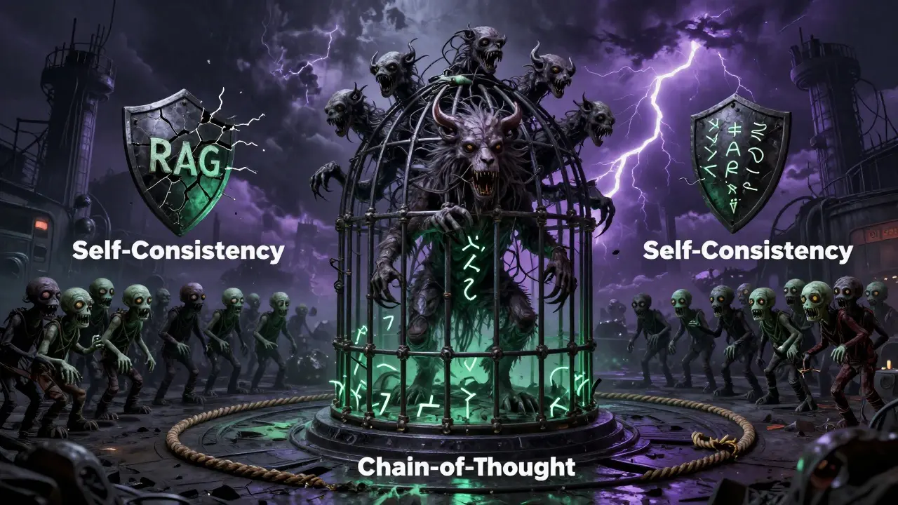 Dark ritual scene showing CoVe caging a hallucination beast