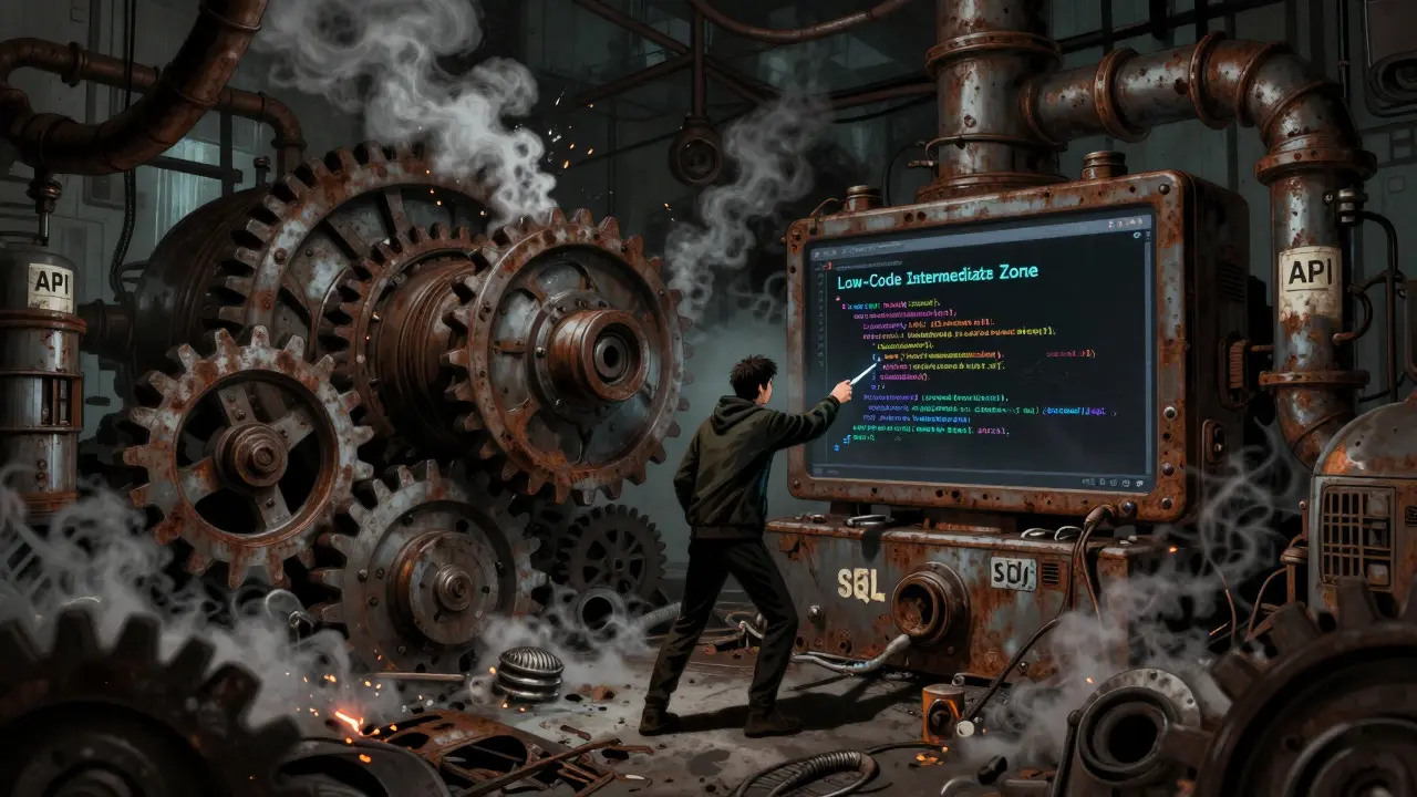 Developer struggling with rusty, complex Low-Code machinery and leaking API pipes.