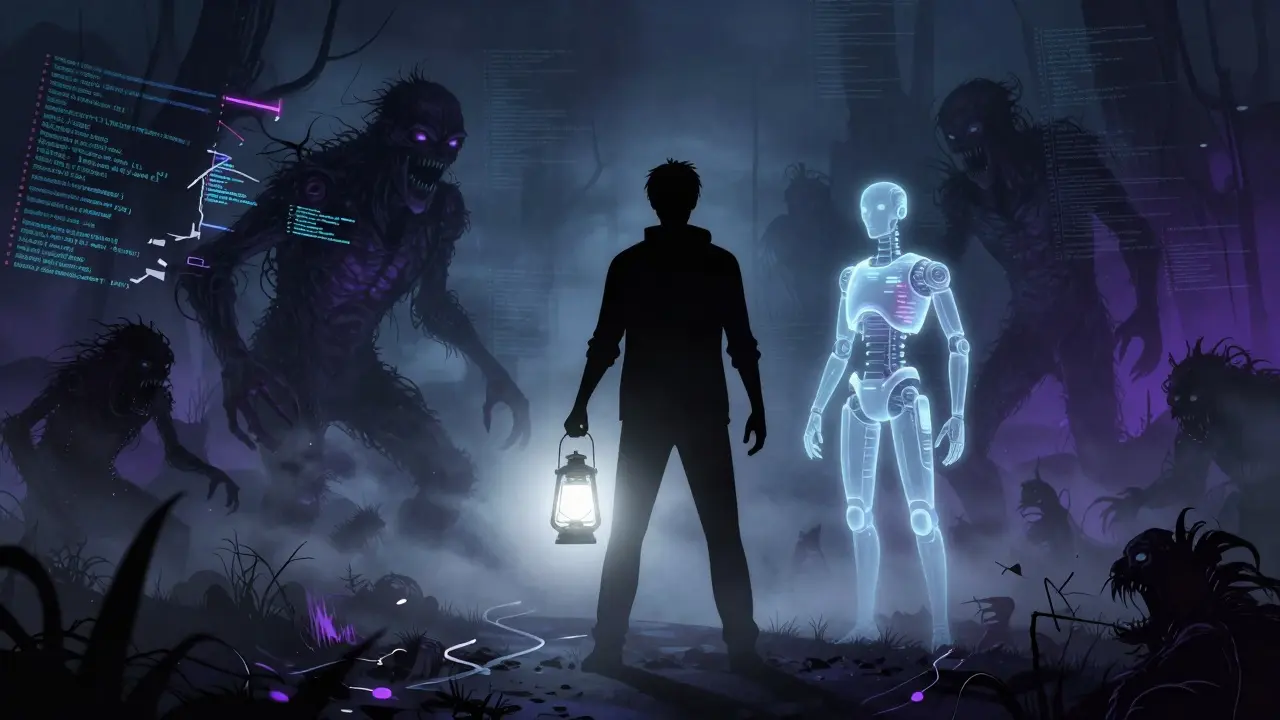 Developer with a lantern guiding an AI spirit through a code-filled nightmare