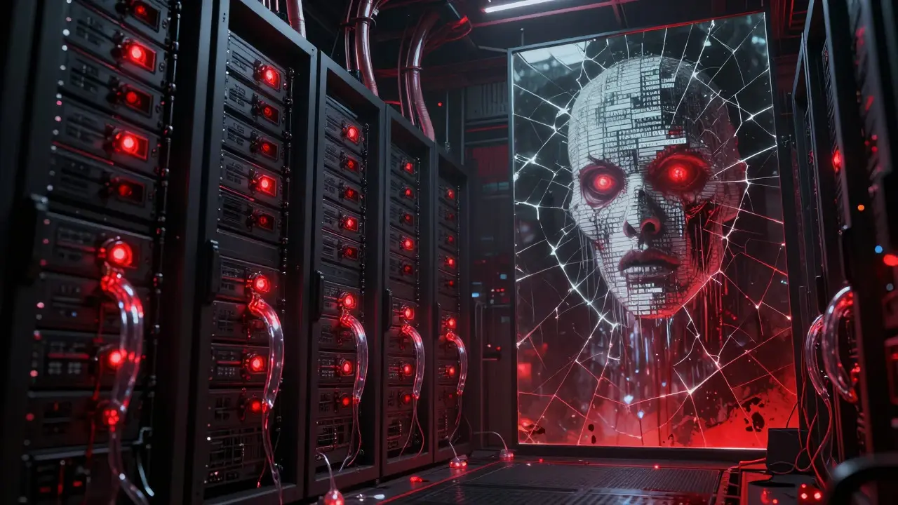 Dystopian server room with living machines and streams of liquid light