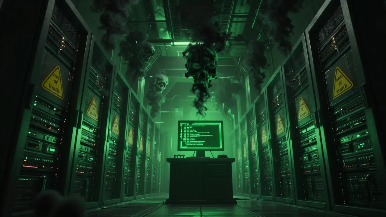 Dystopian server room with smoke forming skulls, symbolizing high compute costs