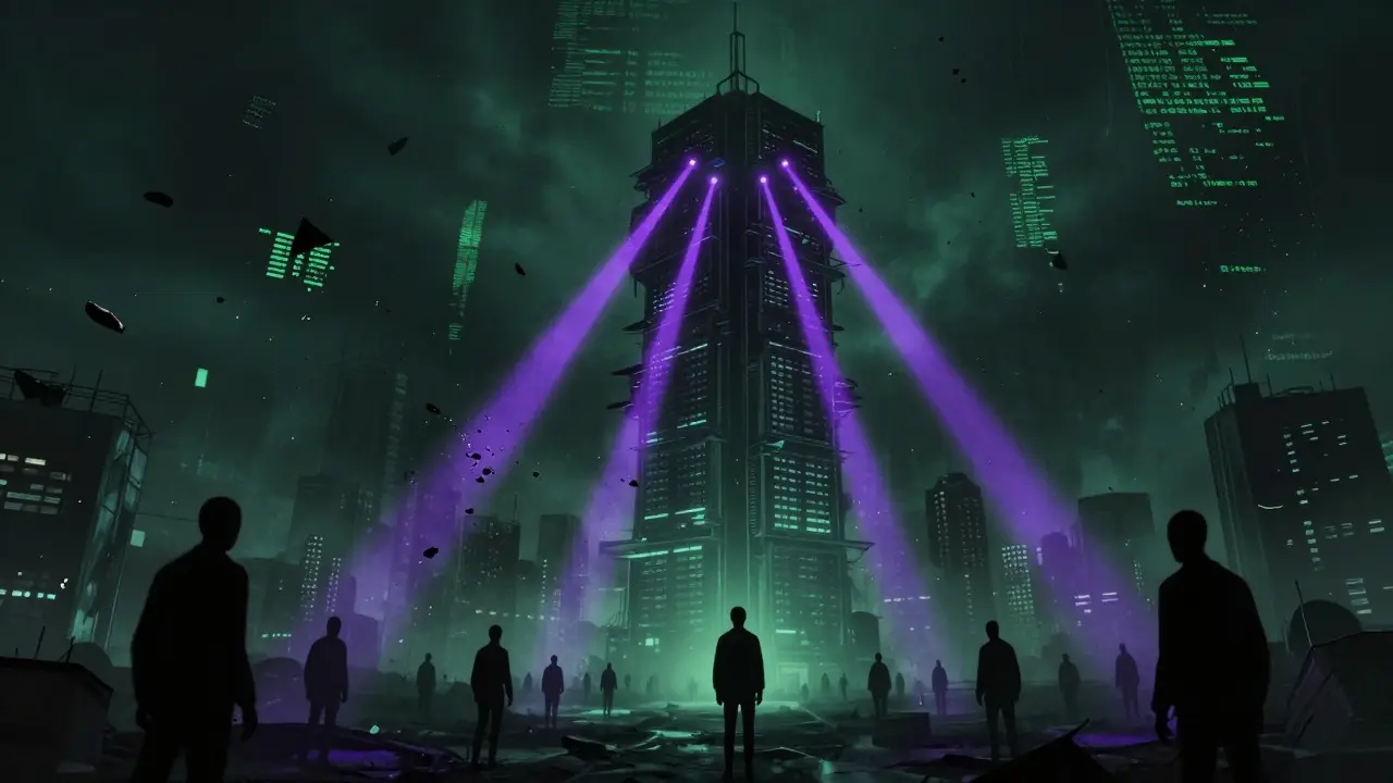 Dystopian server tower casting glitchy lights on faceless crowd