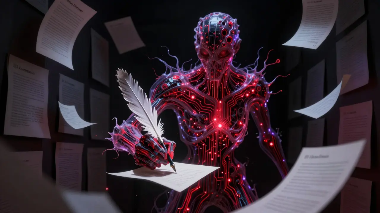 Eerie AI monster made of data streams analyzing documents with a spectral quill.