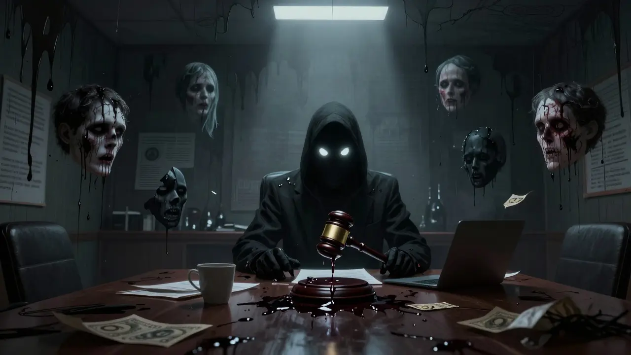 Eerie horror scene of a boardroom overrun by black sludge and ghostly faces.