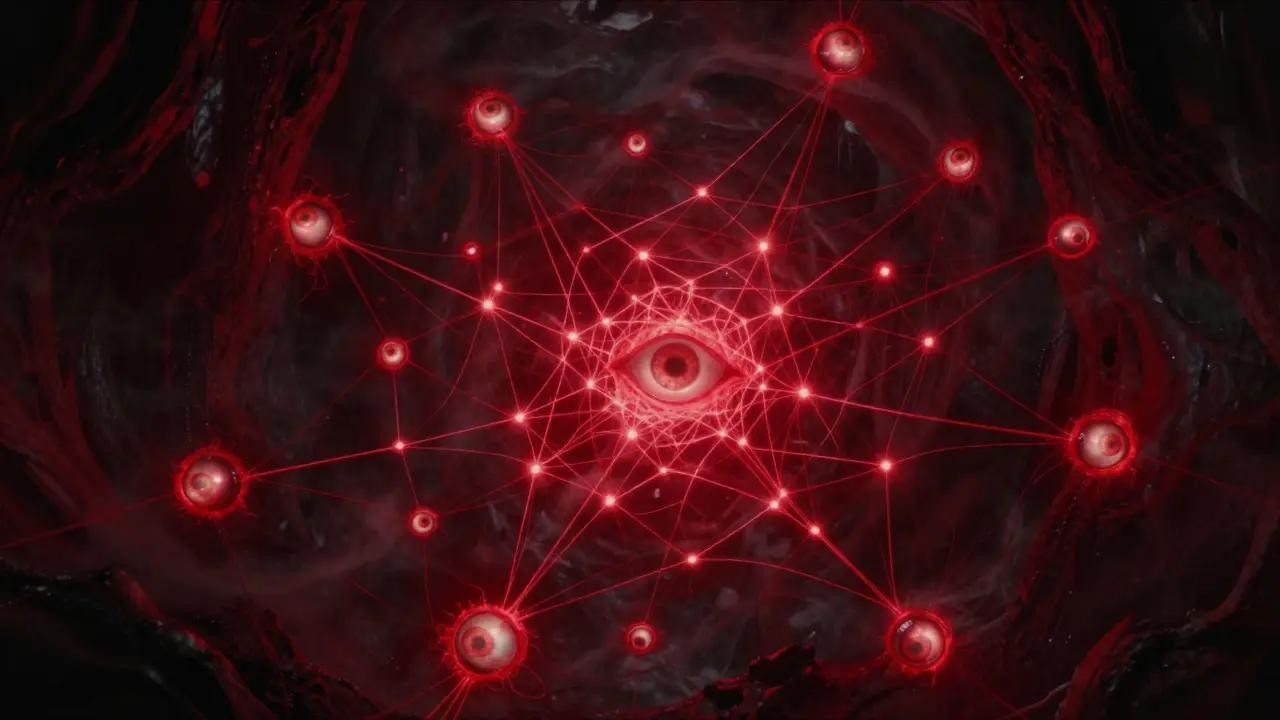 Eldritch horror art showing a web of glowing eyes connected by red threads, representing parallel attention.