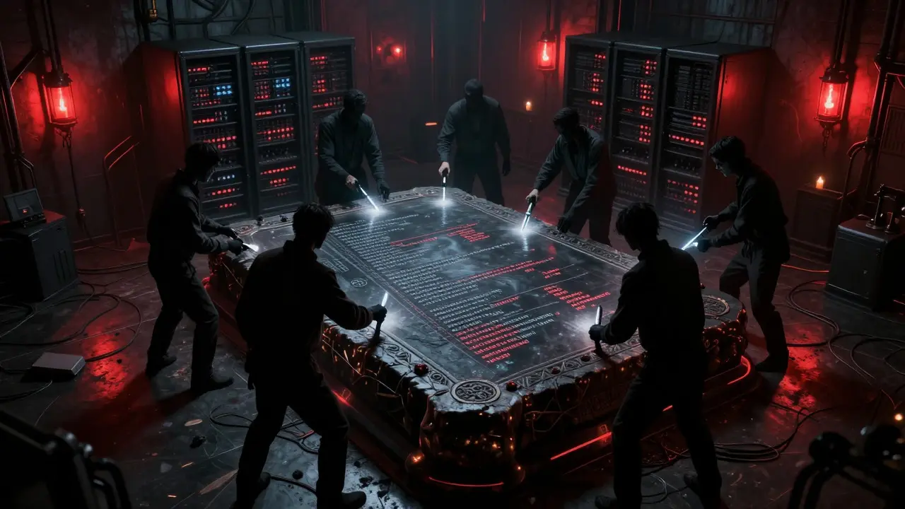 Experts etching rules onto a server in a dim, ominous room