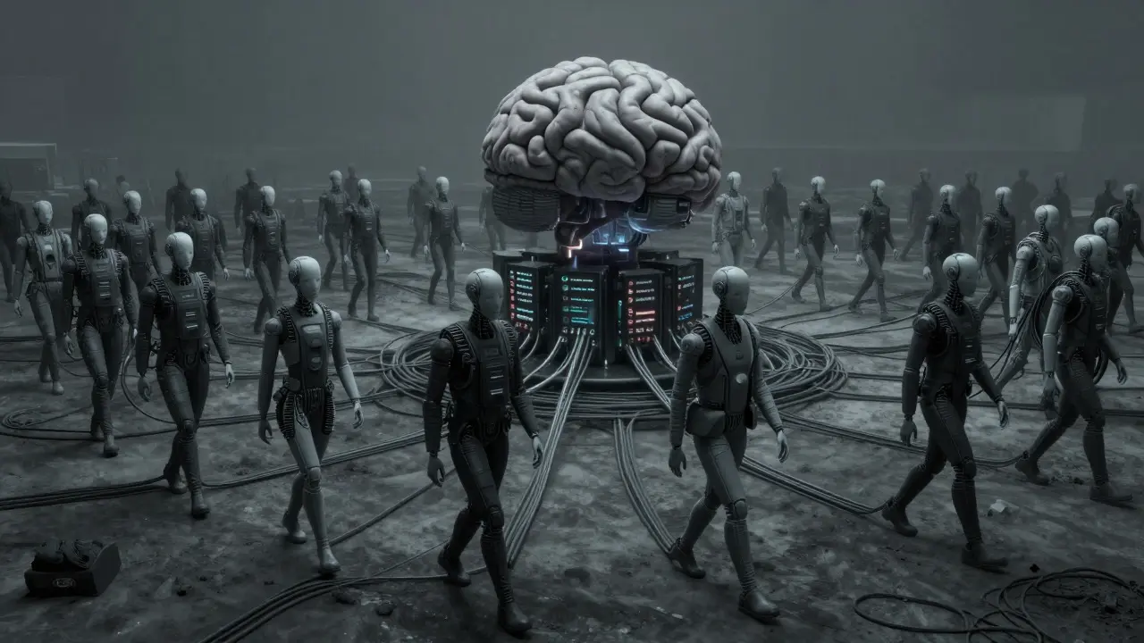 Faceless drones marching in unison, connected to a central server in a desolate landscape.