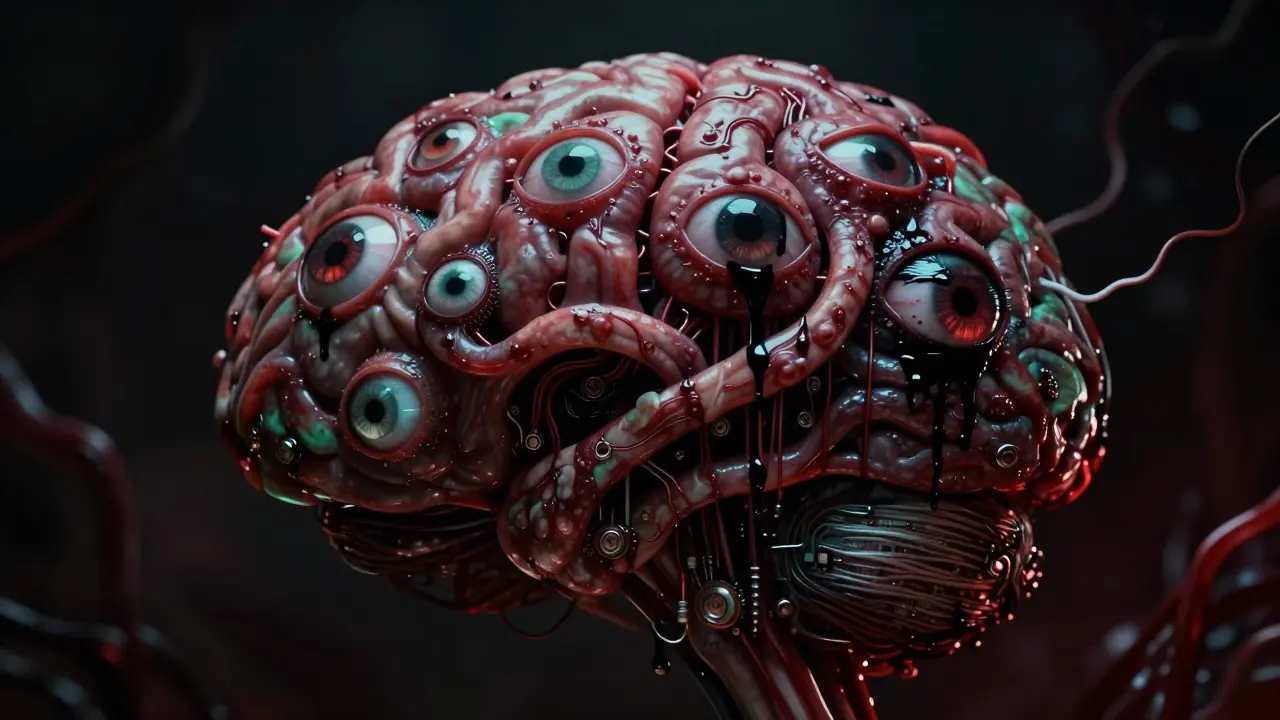 Fleshy AI brain with glitching eyes symbolizing analysis and hallucinations