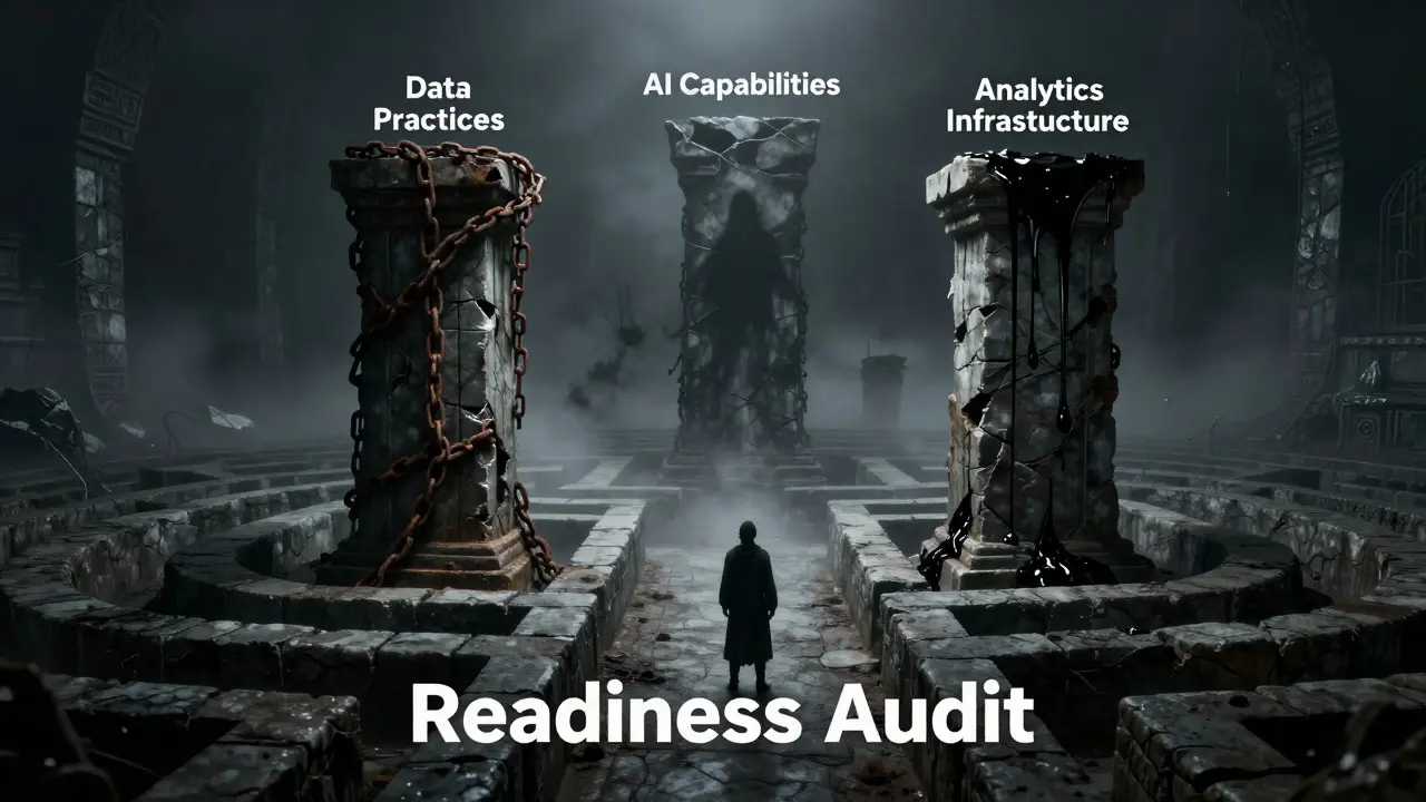 Foggy labyrinth with crumbling pillars symbolizing weak data and AI infrastructure readiness.