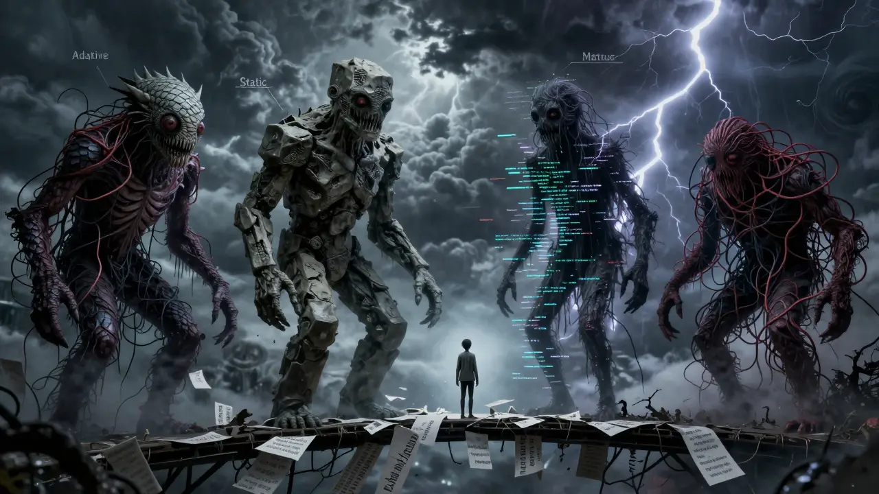 Four monstrous entities looming over a human on a bridge of text fragments.