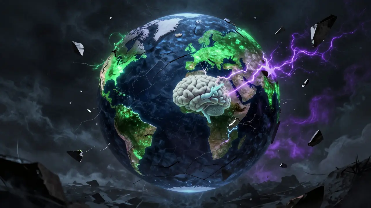 Fractured globe with isolated continents and electric barriers