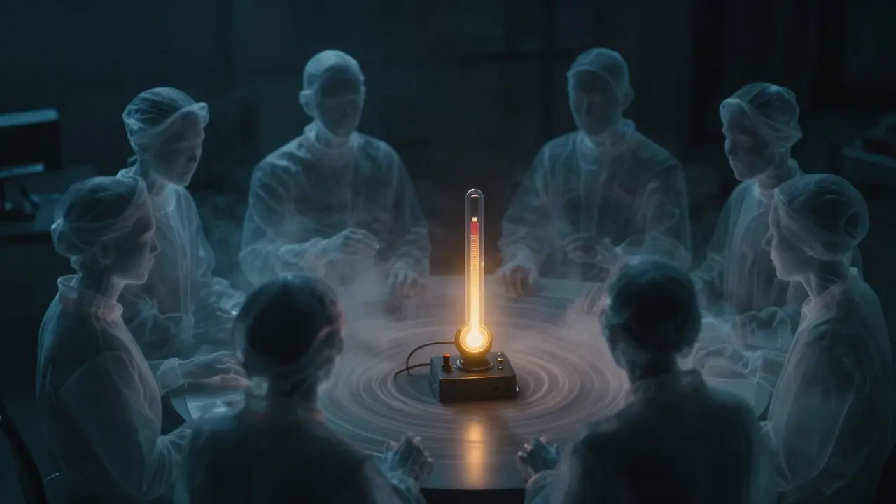 Ghostly AI figures seeking consensus stabilized by warm light