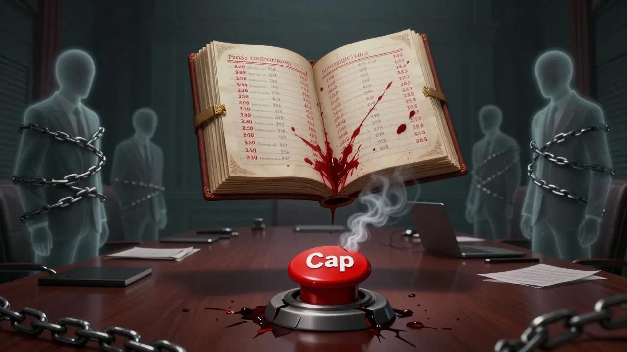 Ghostly developers chained in a gothic boardroom with a floating ledger of red bills.