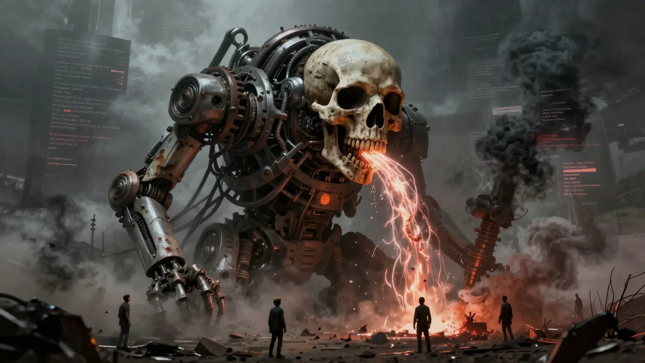 Giant bone-gear machine consuming data in wasteland