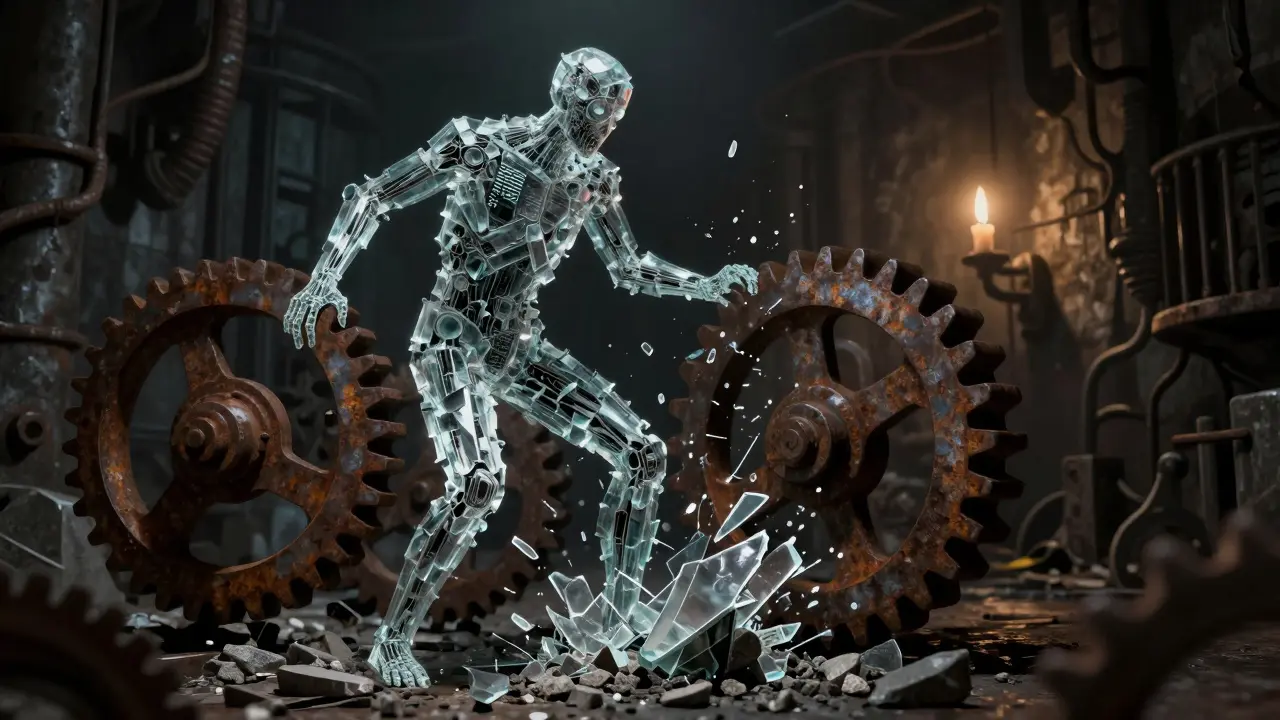 Glass figure shattering into gravel under crushing industrial gears