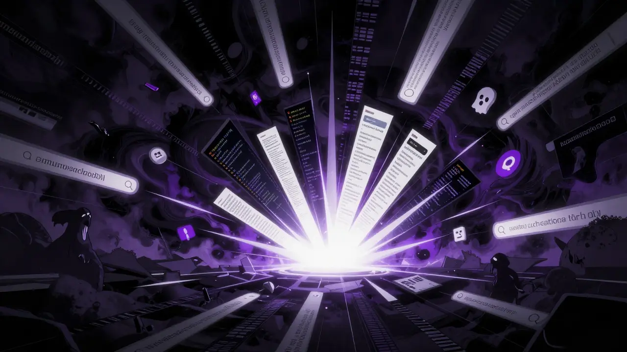 Glowing portal emitting precise shapes amidst dark stormy data streams