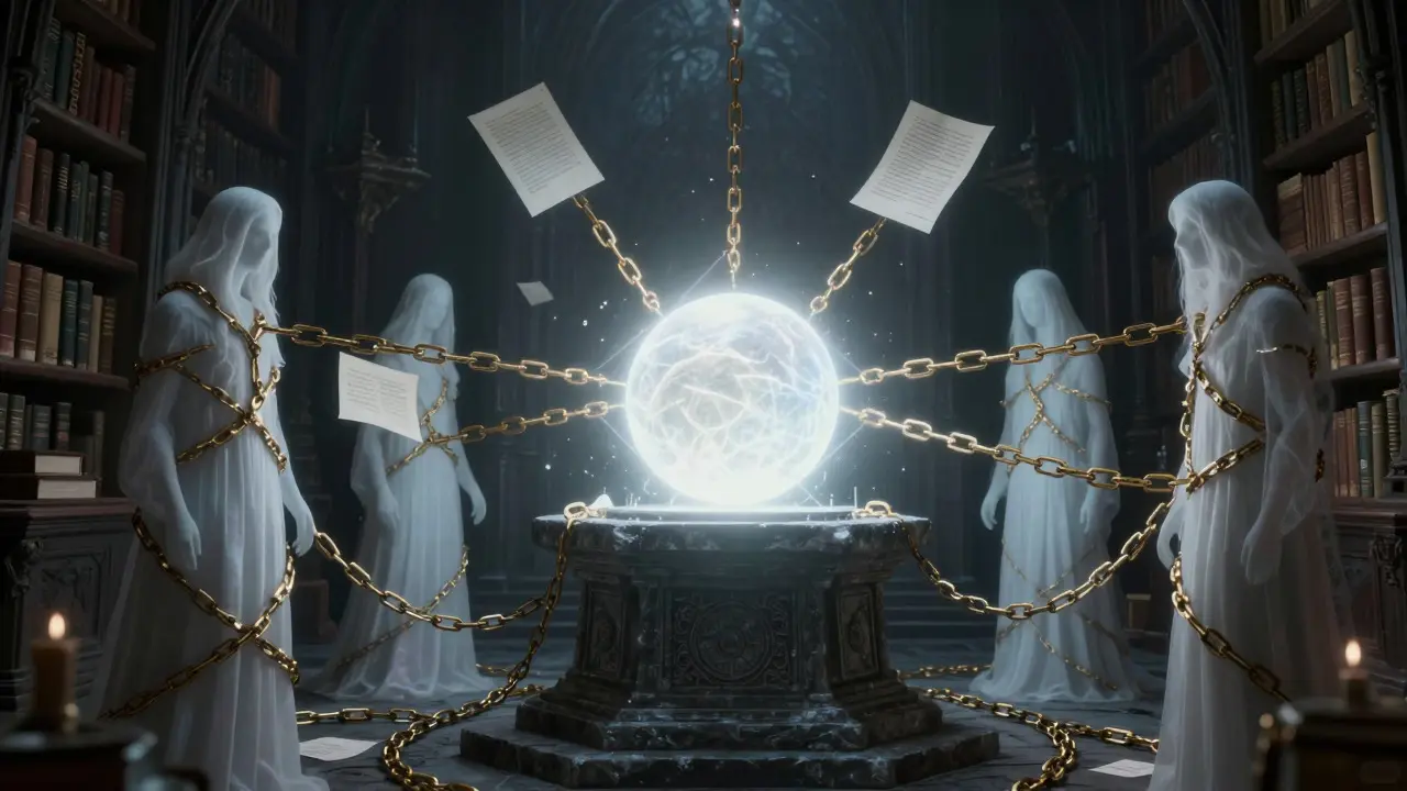 Gothic altar with glowing orb bound by spectral data chains