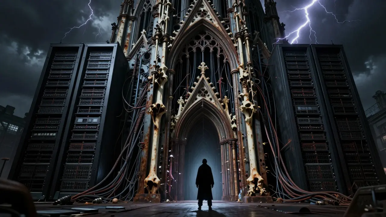 Gothic server rack made of bones in dark horror style