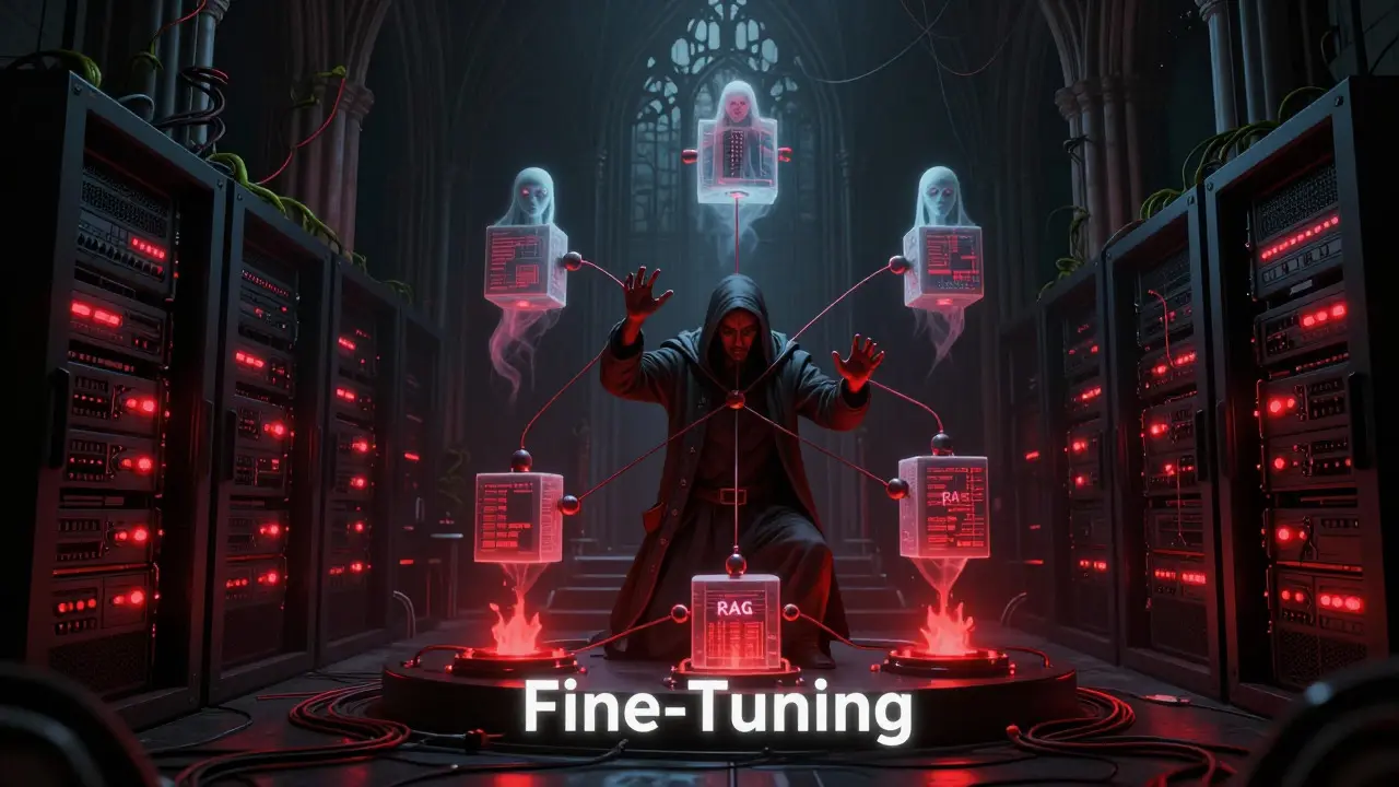 Gothic server room depicting AI fine-tuning as a containment ritual