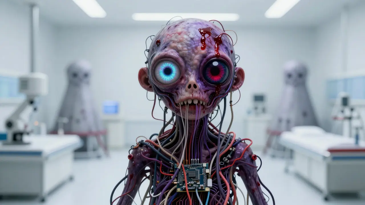 Grotesque cable monster with mismatched eyes looming over sterile lab and nuclear silhouettes