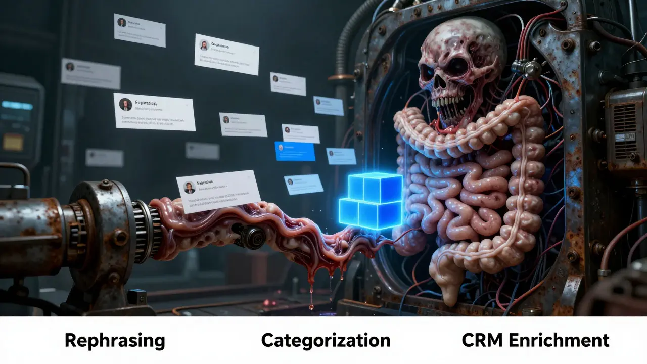 Grotesque machine digesting raw emails into structured data cubes in horror style
