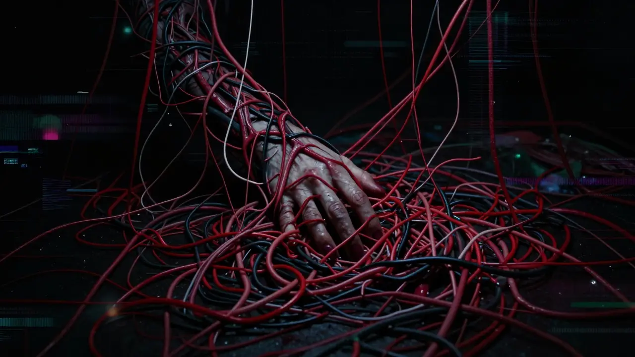 Grotesque tangled red wires strangling a hand, symbolizing messy spaghetti code.
