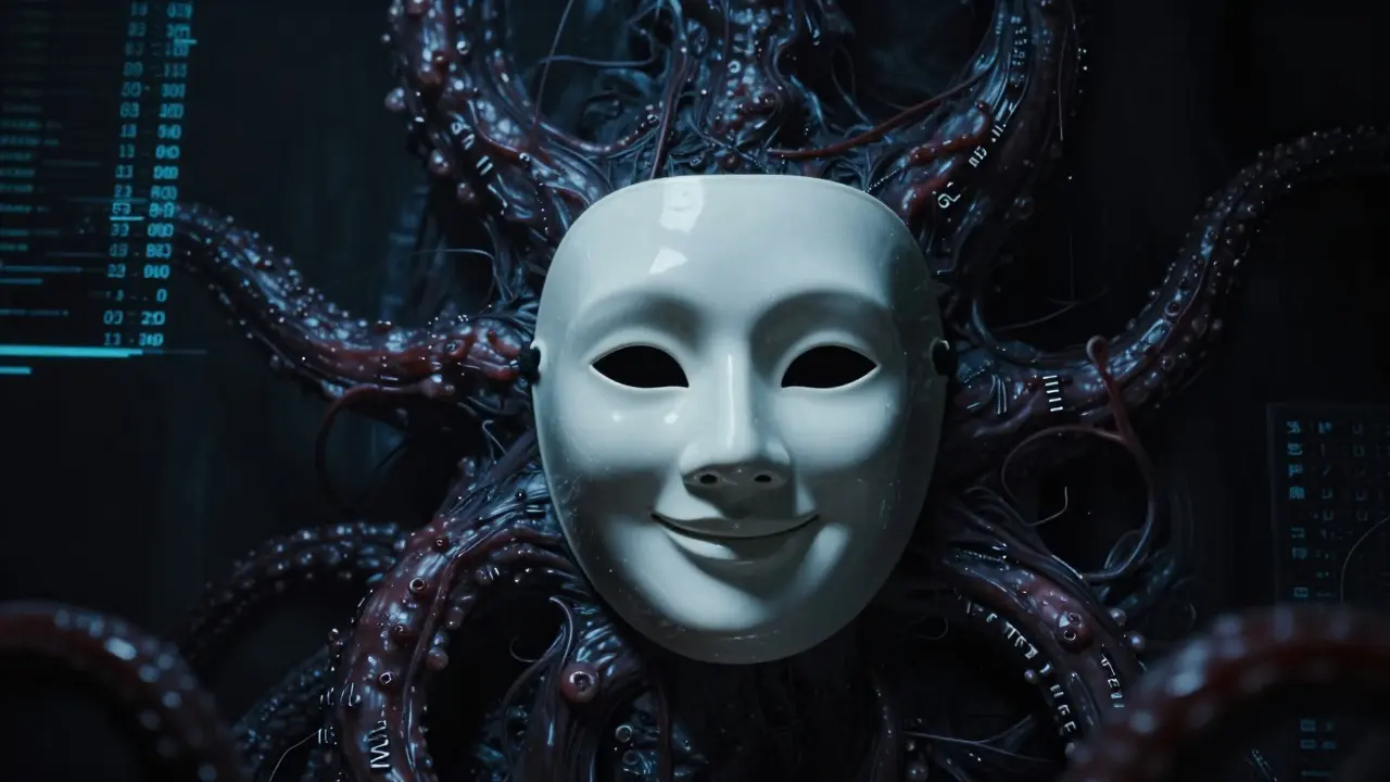 Horror style image showing a deceptive mask hiding monstrous data tendrils.