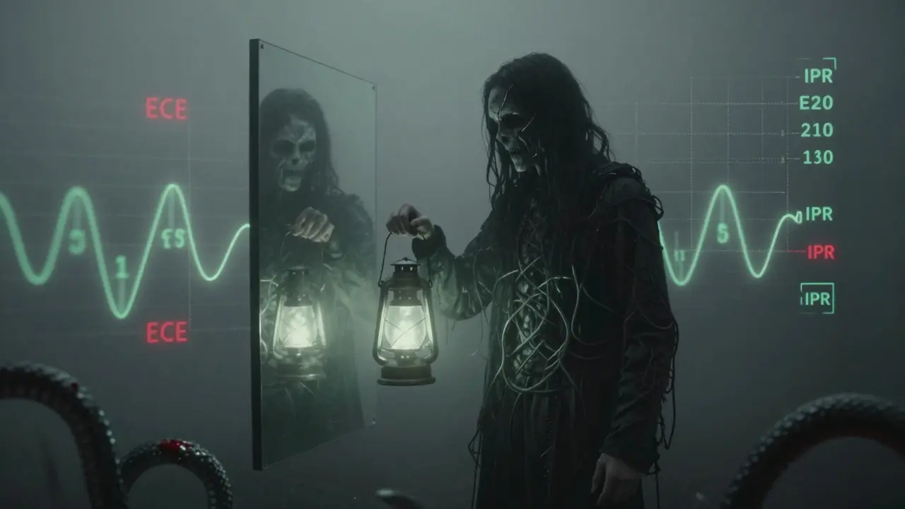 Human facing distorted AI reflection in foggy void with data serpents