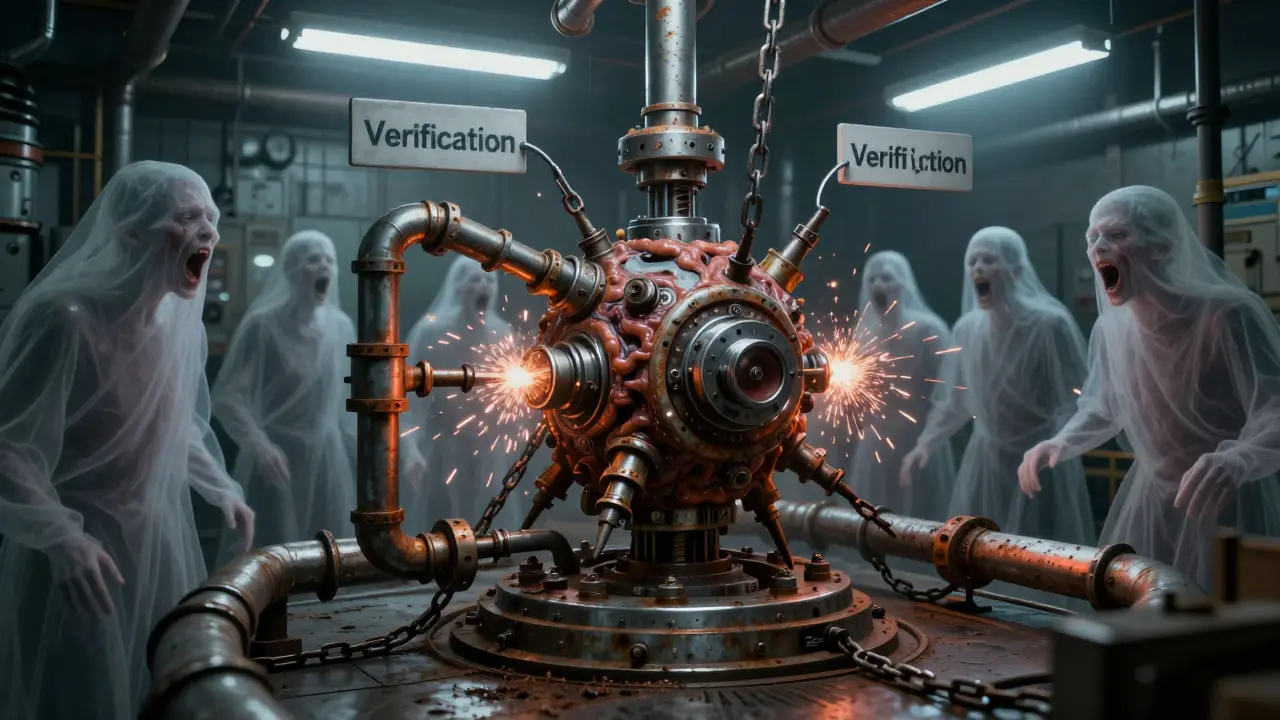 Industrial horror scene showing AI error correction as a painful mechanical cycle