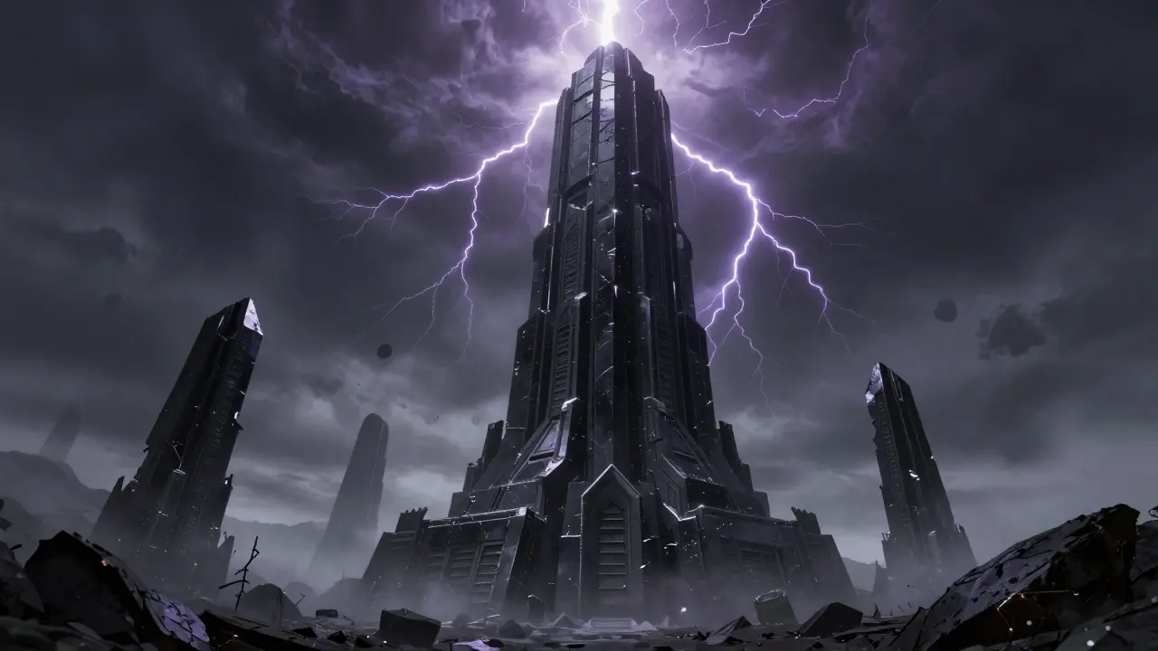 Ominous obsidian tower rising from ruins, symbolizing the scalable dominance of Transformer models.
