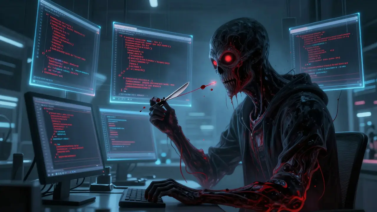 Pro coder battling shadowy AI spirit while debugging raw code in icy lab setting.
