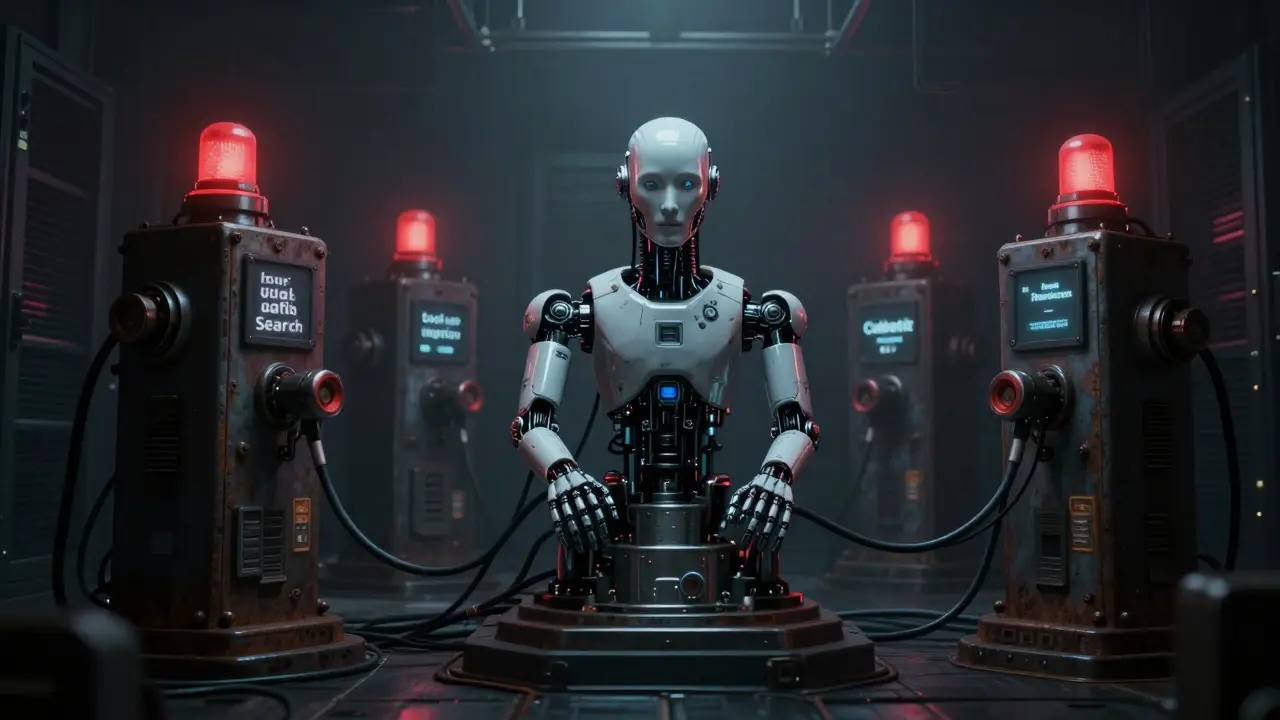 Robotic head connected to ominous machines via pulsating black cables